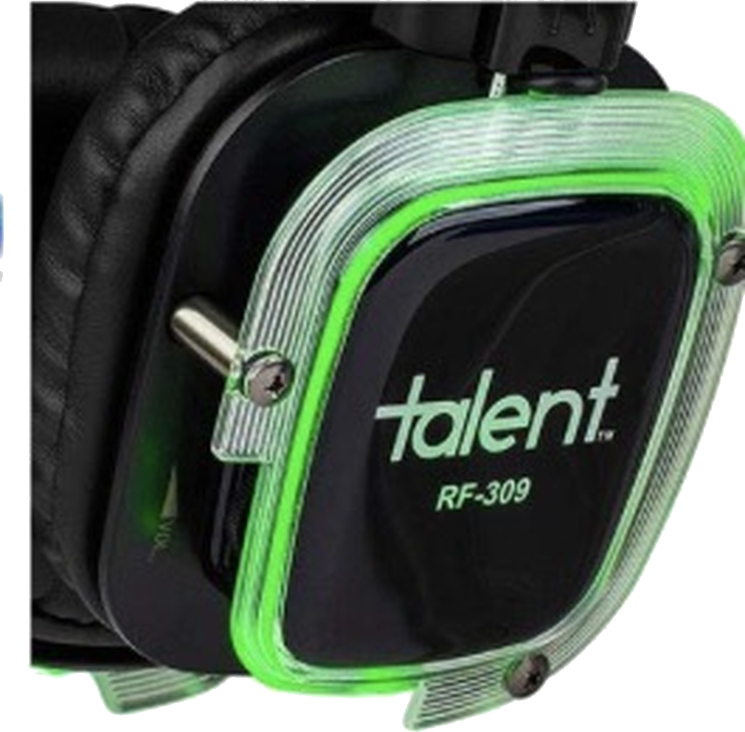Silent disco headphones glowing green for the green channel