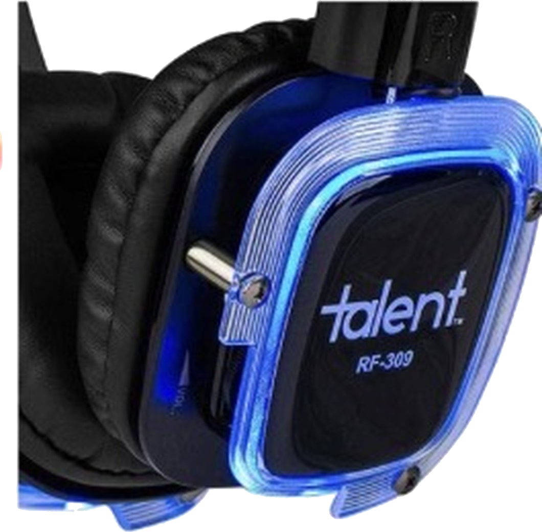 Silent disco headphones glowing blue for the blue channel