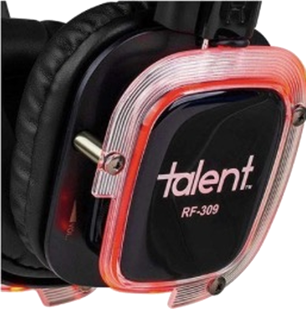 Silent disco headphones glowing red for the red channel